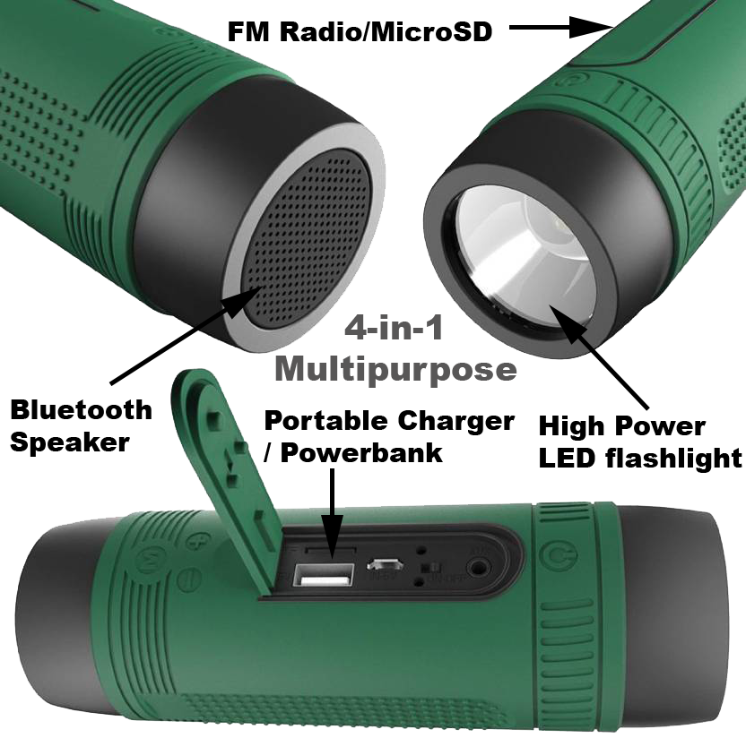 The Ultimate Outdoor Portable Speaker with LED Flashlight & Powerbank